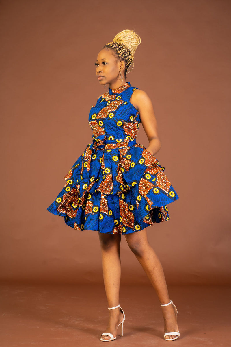 Zuri Ankara Sleeveless Dress | Blue and Brown African Print