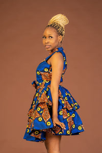 Zuri Ankara Sleeveless Dress | Blue and Brown African Print