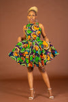 Zoey Ankara Sleeveless Dress | Green and Yellow Multicolored African Print