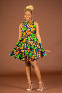 Zoey Ankara Sleeveless Dress | Green and Yellow Multicolored African Print