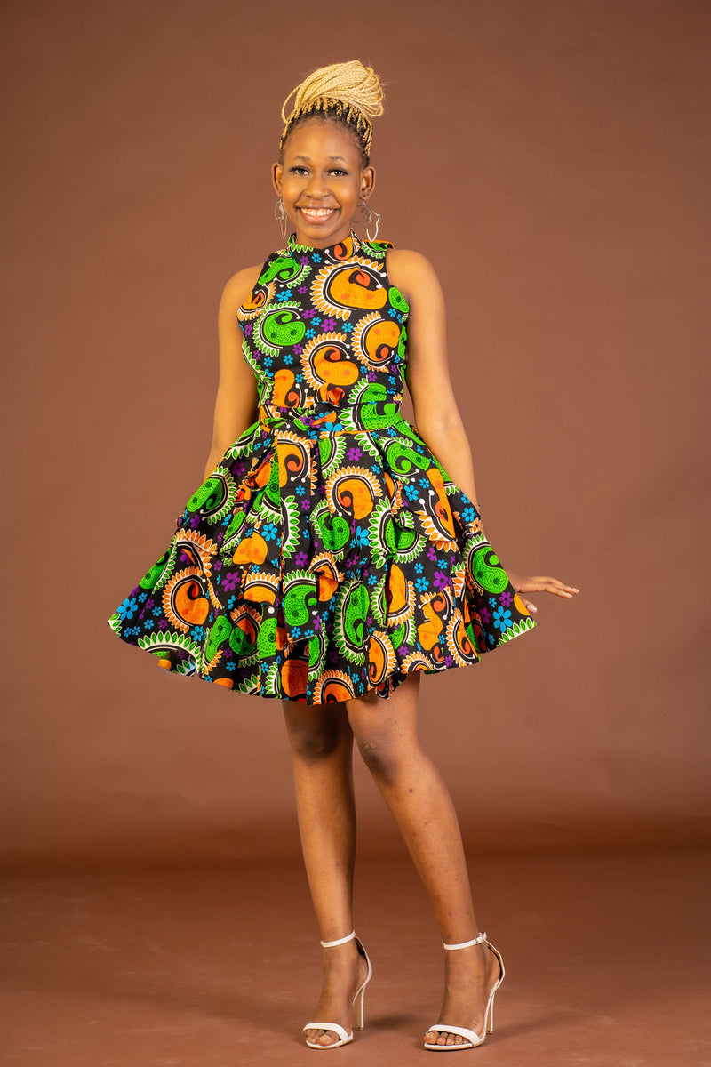 Zoey Ankara Sleeveless Dress | Green and Yellow Multicolored African Print