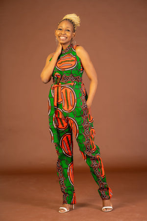 Maggie Ankara Jumpsuit | Green and Orange African Print