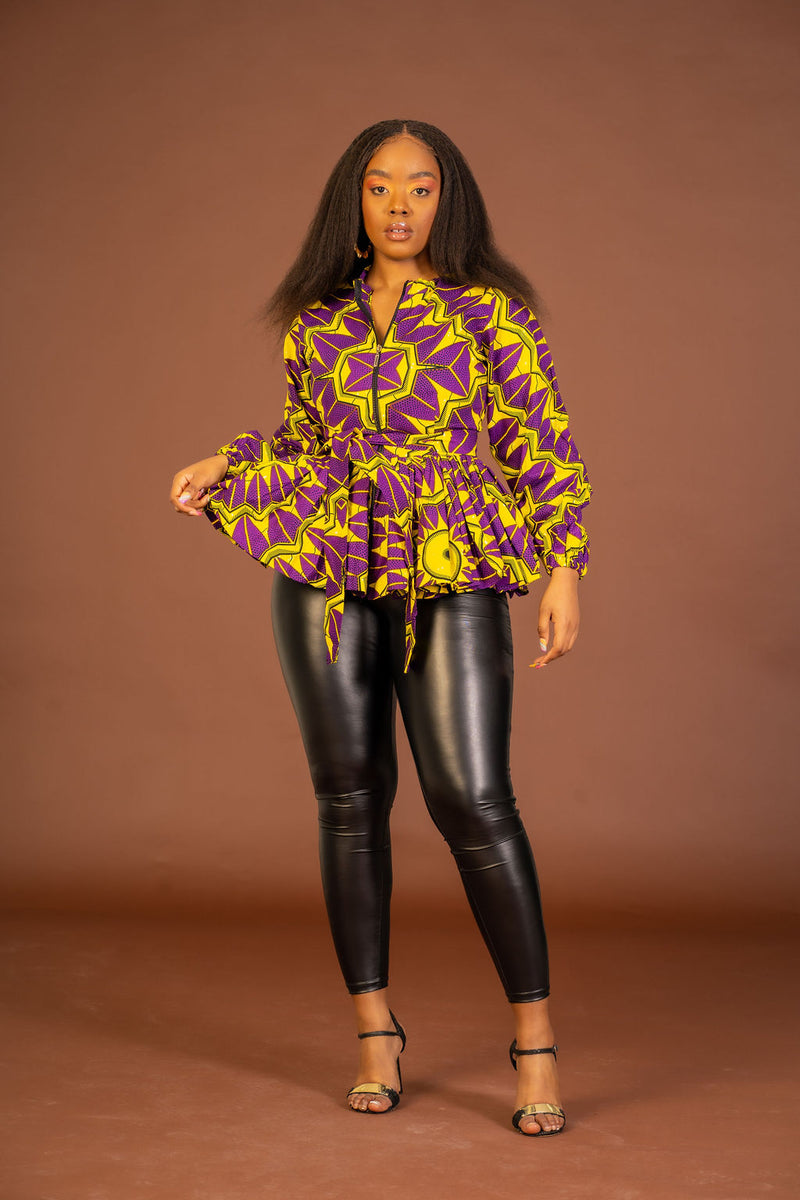 Minas Ankara Peplum Top | Purple and Yellow African Print