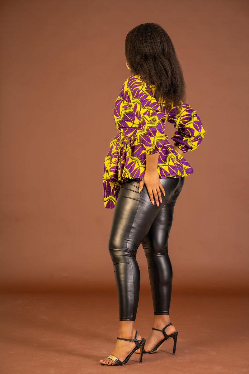 Minas Ankara Peplum Top | Purple and Yellow African Print