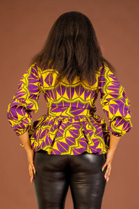 Minas Ankara Peplum Top | Purple and Yellow African Print