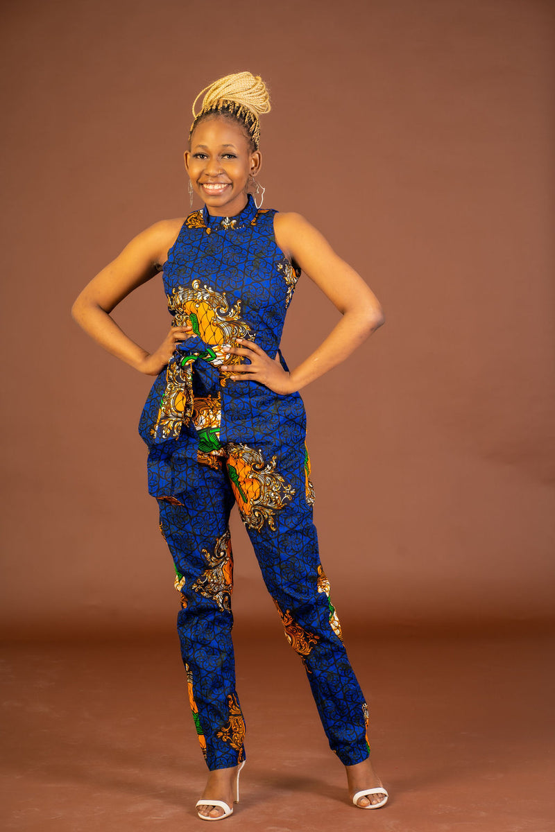 Mylah Ankara Jumpsuit | Blue and Yellow African Print