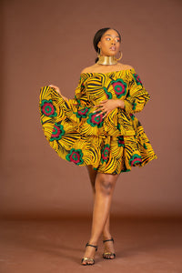 Abisoye Ankara short Midi Flare Dress | Yellow African Print