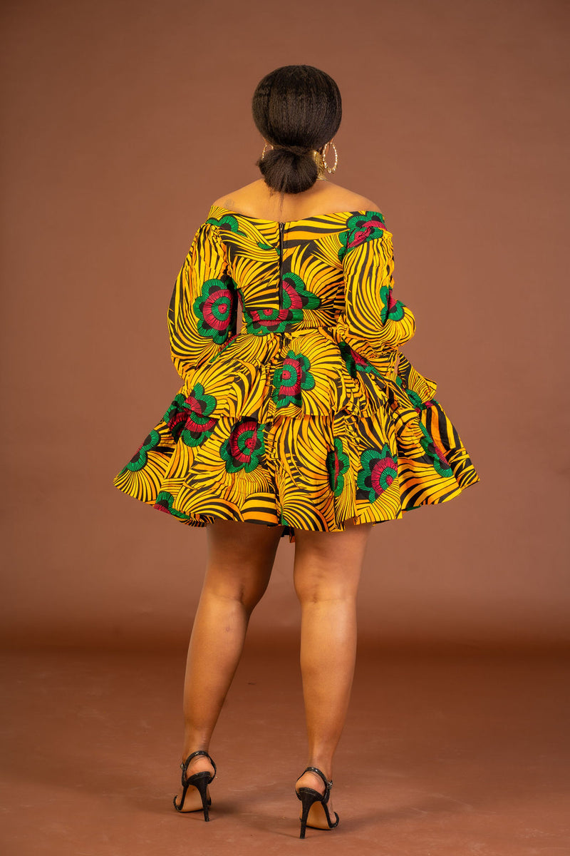 Abisoye Ankara short Midi Flare Dress | Yellow African Print