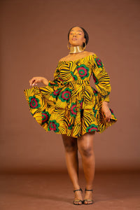 Abisoye Ankara short Midi Flare Dress | Yellow African Print