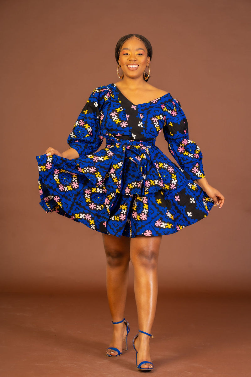 Abbey Ankara Short flare Dress | Blue African Print