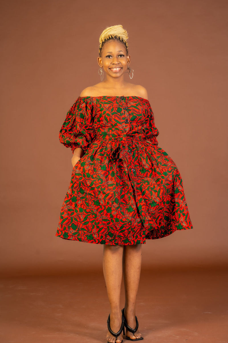 Sifon Ankara Midi Dress | Red and Green African Print