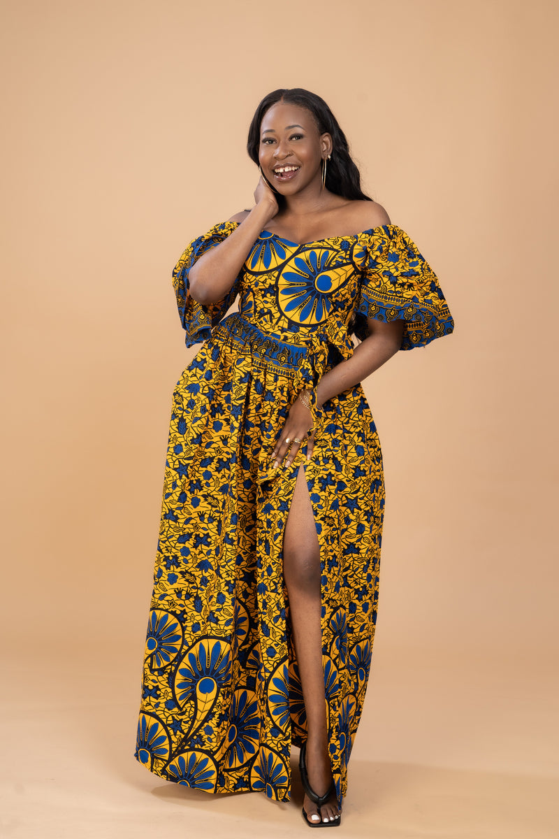 Tinsley Ankara Off shoulder Maxi Dress | Yellow and Blue African Print