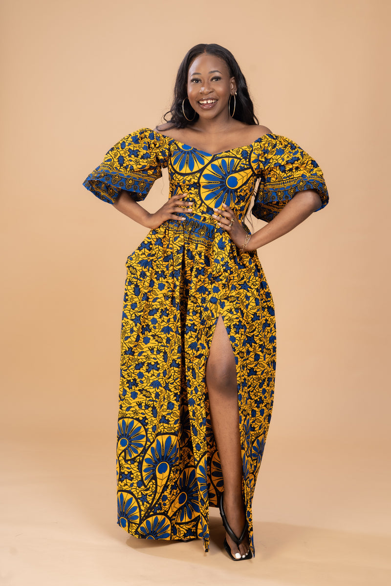 Tinsley Ankara Off shoulder Maxi Dress | Yellow and Blue African Print