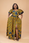 Tinsley Ankara Off shoulder Maxi Dress | Yellow and Blue African Print