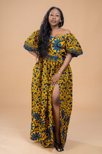 Tinsley Ankara Off shoulder Maxi Dress | Yellow and Blue African Print