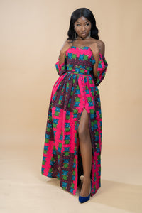 Tolu Ankara Off shoulder Maxi Dress | Pink and Green African Print