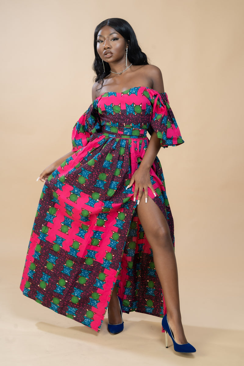 Tolu Ankara Off shoulder Maxi Dress | Pink and Green African Print