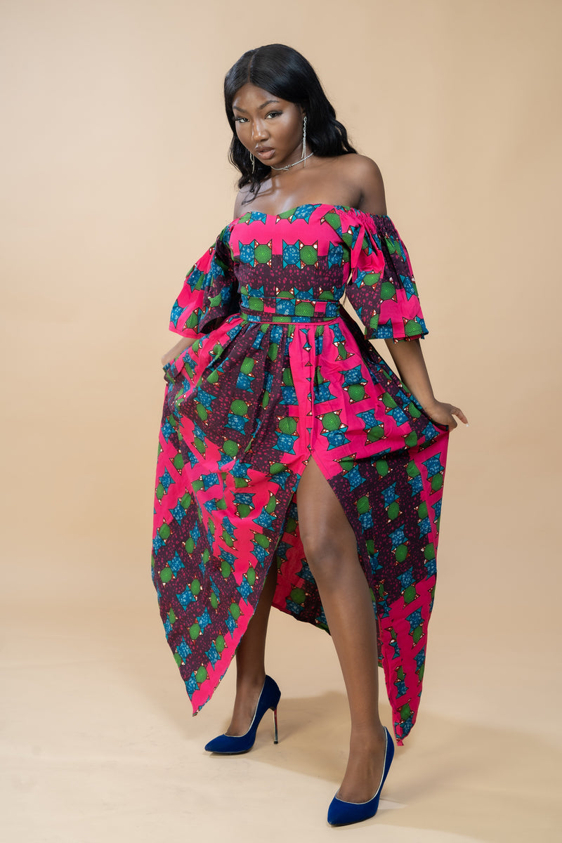 Tolu Ankara Off shoulder Maxi Dress | Pink and Green African Print