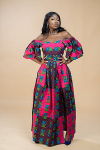 Tolu Ankara Off shoulder Maxi Dress | Pink and Green African Print