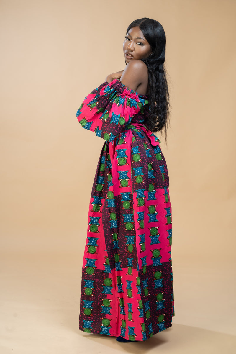 Tolu Ankara Off shoulder Maxi Dress | Pink and Green African Print