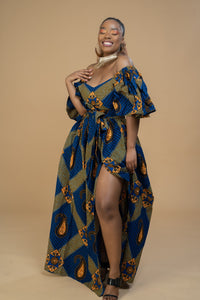 Taylor Ankara Off shoulder Maxi Dress | Blue and Gold African Print