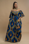 Taylor Ankara Off shoulder Maxi Dress | Blue and Gold African Print