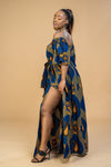 Taylor Ankara Off shoulder Maxi Dress | Blue and Gold African Print