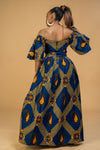 Taylor Ankara Off shoulder Maxi Dress | Blue and Gold African Print