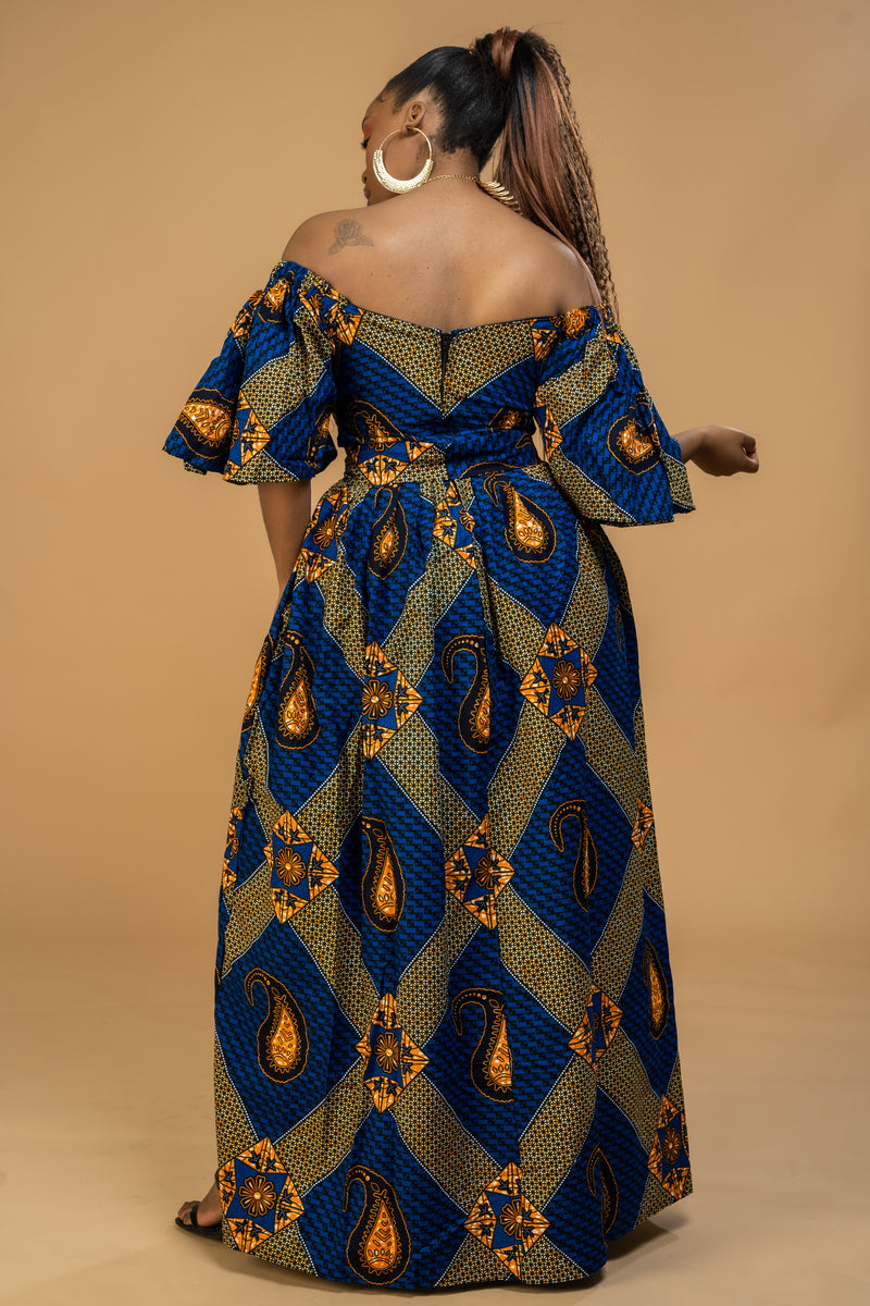 Taylor Ankara Off shoulder Maxi Dress | Blue and Gold African Print