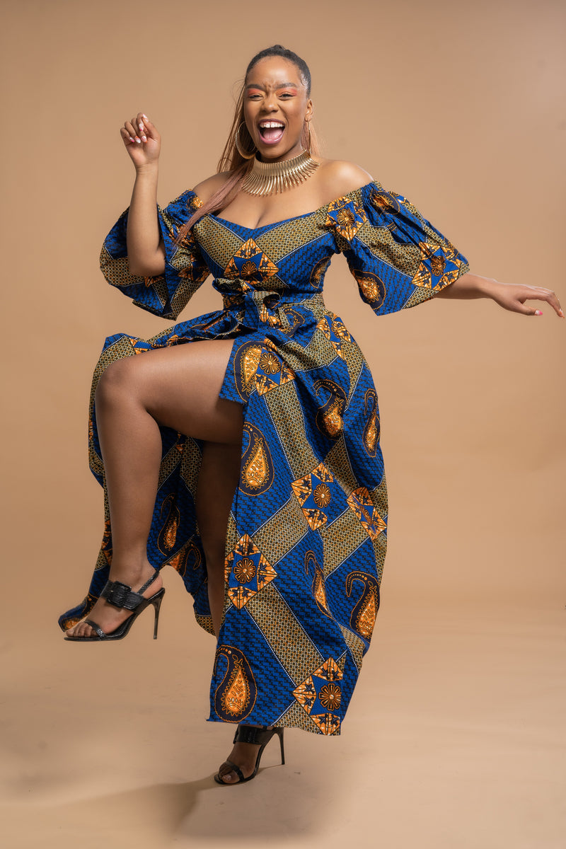 Taylor Ankara Off shoulder Maxi Dress | Blue and Gold African Print