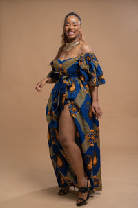 Taylor Ankara Off shoulder Maxi Dress | Blue and Gold African Print