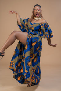 Taylor Ankara Off shoulder Maxi Dress | Blue and Gold African Print