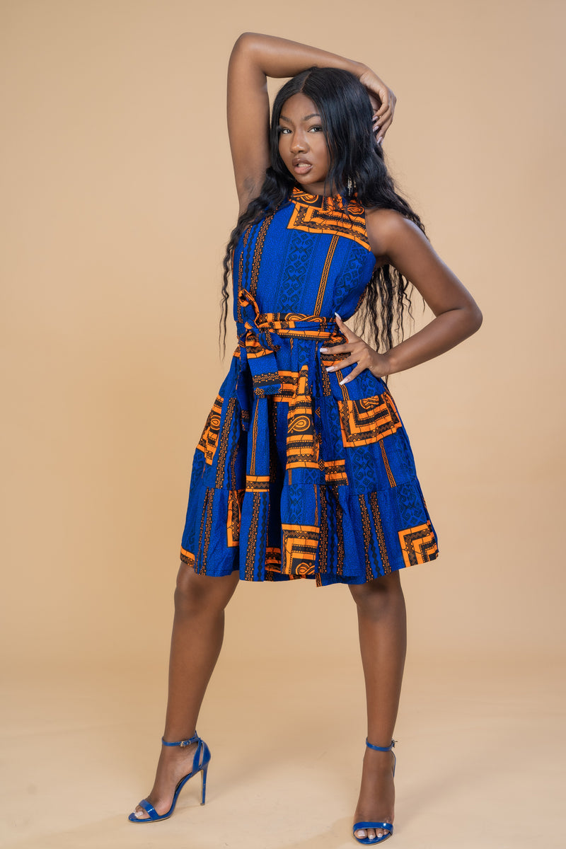 Zaria Ankara Sleeveless Dress | Blue African Print