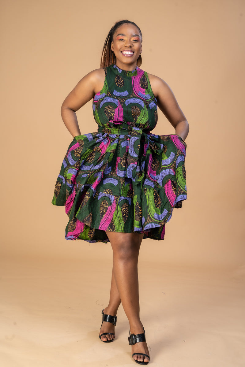 Zoya Ankara Sleeveless Dress | Pink and Green African Print