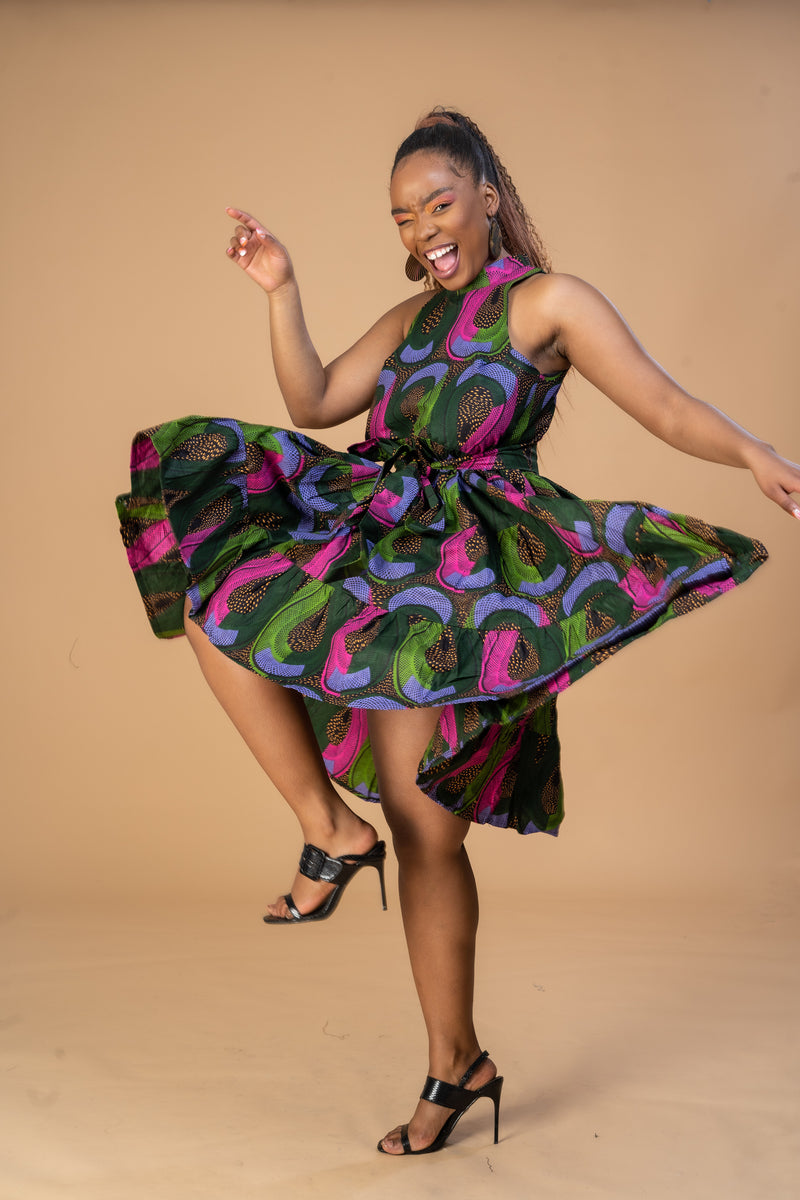 Zoya Ankara Sleeveless Dress | Pink and Green African Print