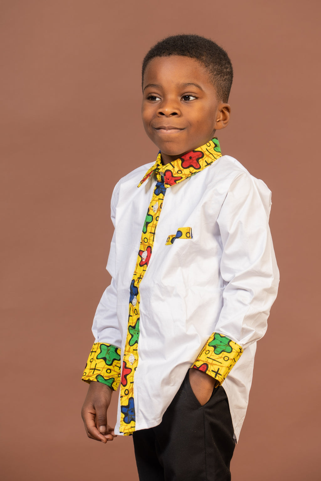 Theodore Mixed Print Boy Shirt | White and African Print