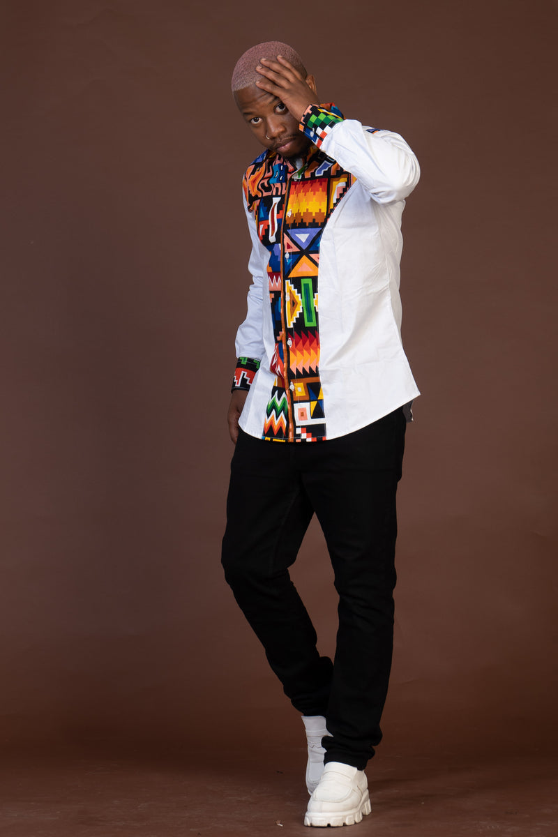 Tobit Mixed Print Men Shirt | White and African Ankara Print