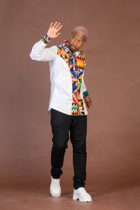 Tobit Mixed Print Men Shirt | White and African Ankara Print