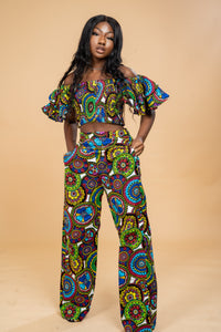 Adiza Ankara High Waisted Trouser | Green and Blue Multicoloured African Print