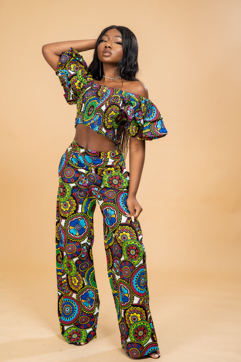 Adiza Ankara High Waisted Trouser | Green and Blue Multicoloured African Print