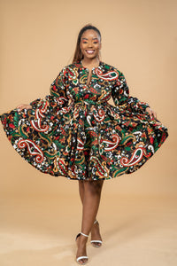 Sasha Ankara Midi Dress | Green and Brown Multicolored African Print