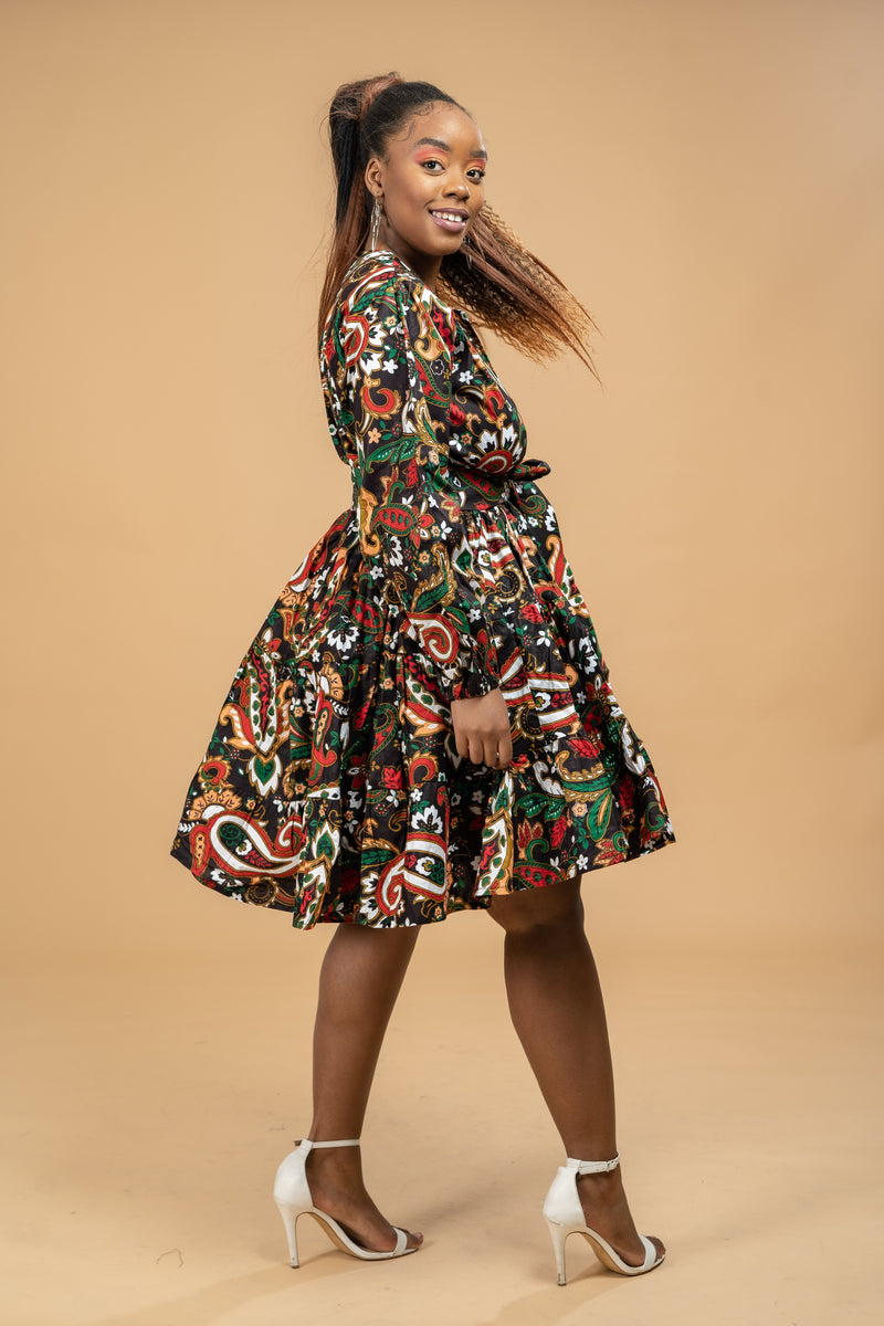 Sasha Ankara Midi Dress | Green and Brown Multicolored African Print