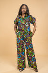 Adiza Ankara Short Sleeve Shirt |Green and Blue Multicoloured African Print