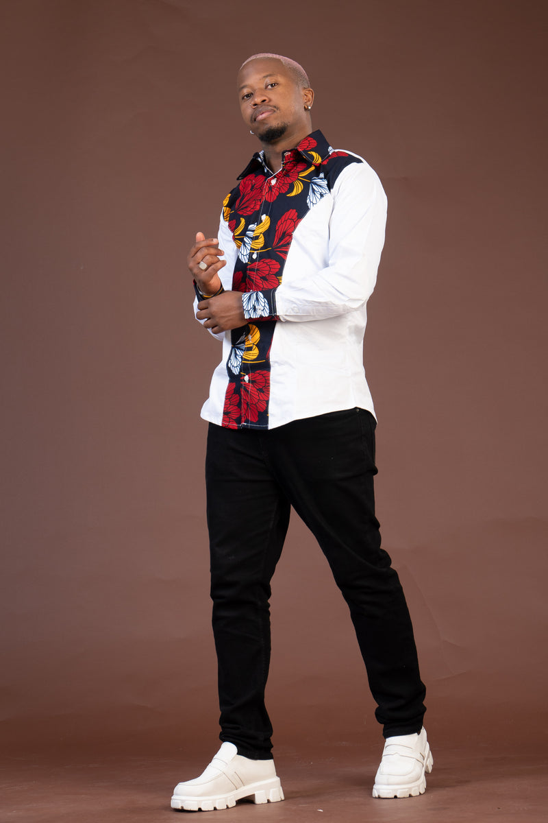 Trey Ankara Mixed Print Men Shirt | White and African Ankara Print