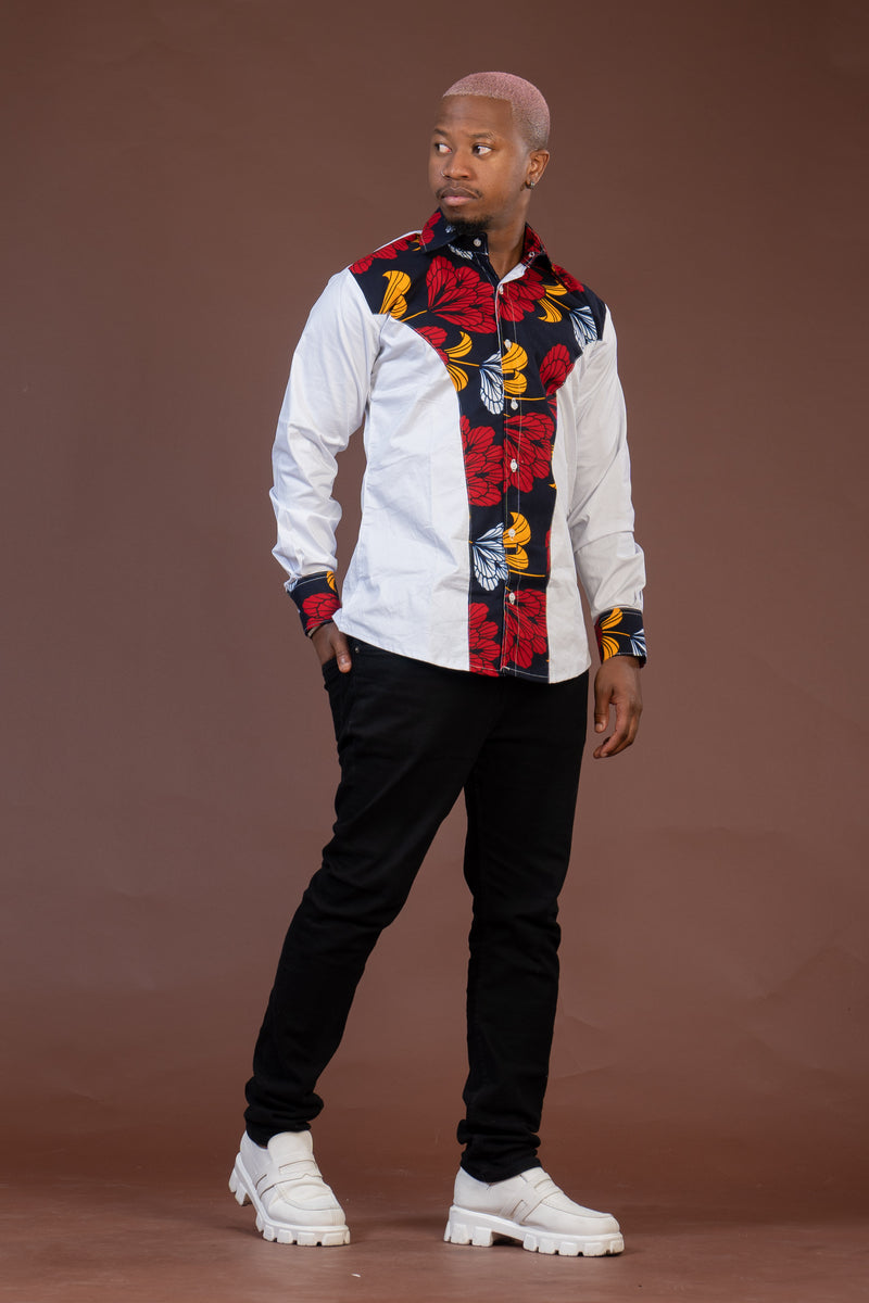 Trey Ankara Mixed Print Men Shirt | White and African Ankara Print