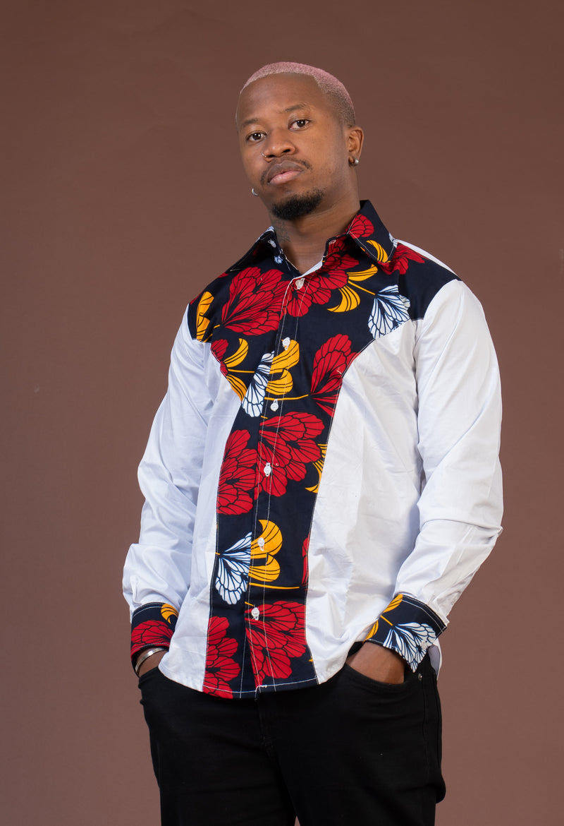 Trey Ankara Mixed Print Men Shirt | White and African Ankara Print