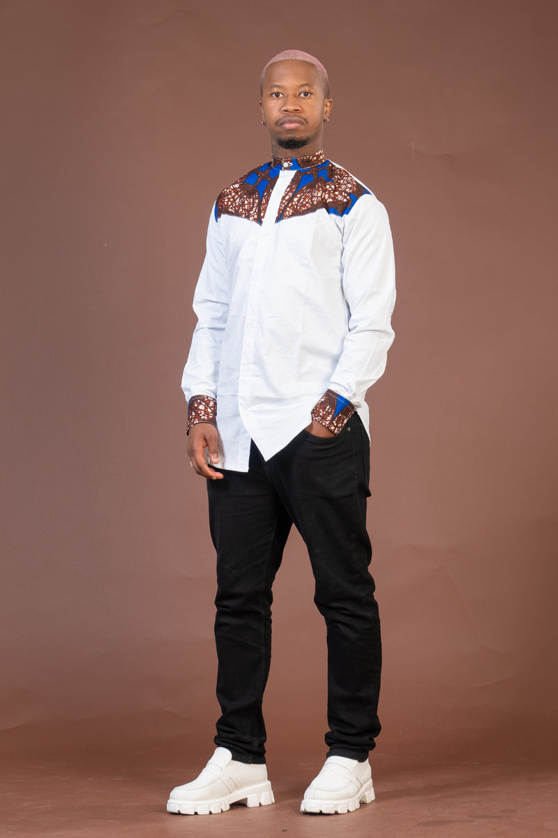 Timi Mixed Print Men Shirt | White and African Ankara Print