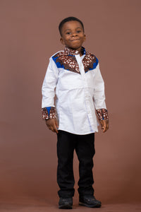 Timi Mixed Print Boy Shirt | White and African Ankara Print