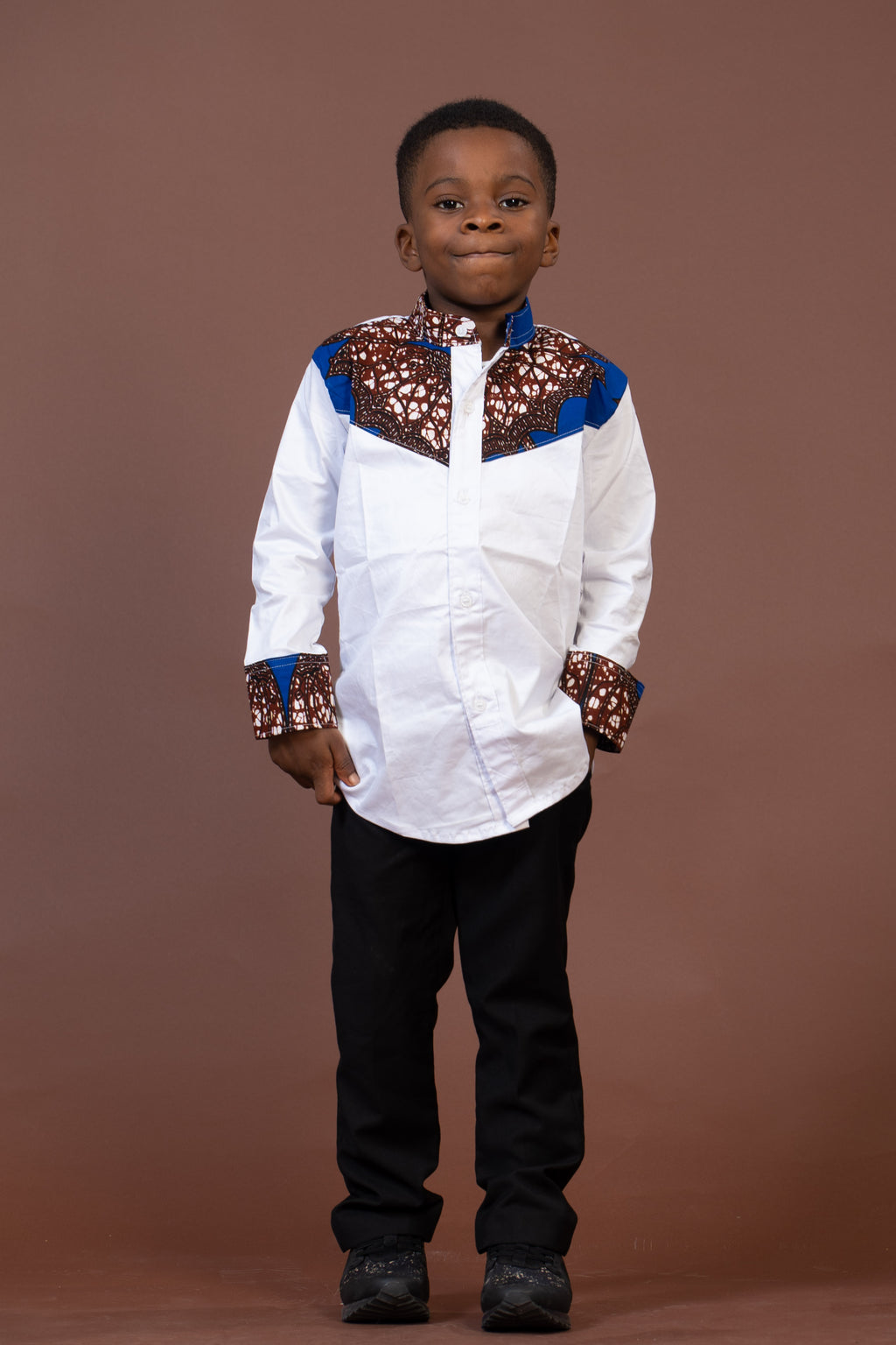 Timi Mixed Print Boy Shirt | White and African Ankara Print