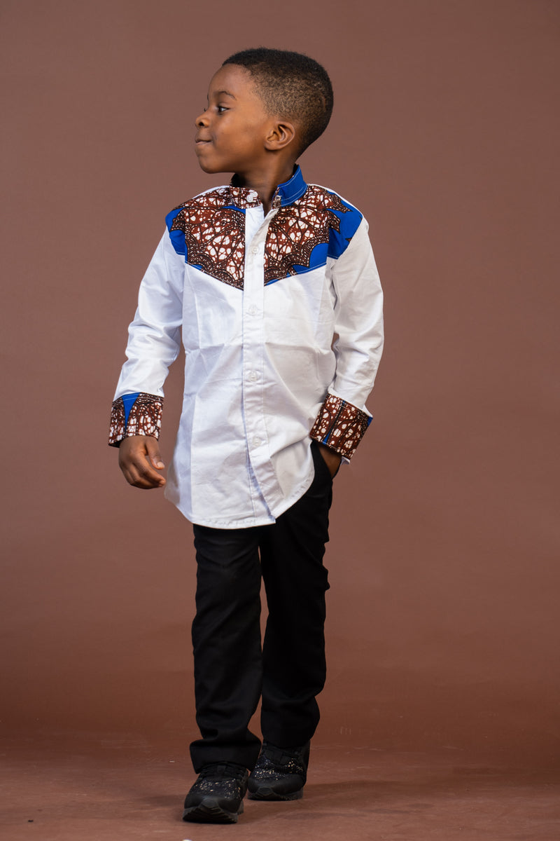 Timi Mixed Print Boy Shirt | White and African Ankara Print